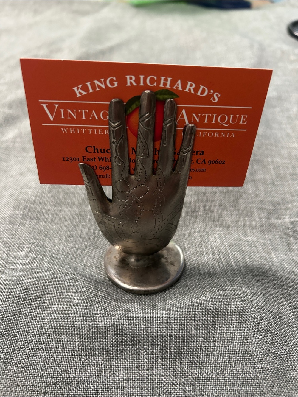 Buddha Hand Shaped Business Card holder. Silvertone Spiritual Meditation